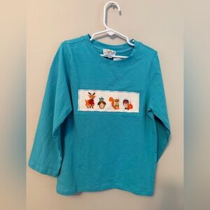 Busy Bees Smocks Kids Blue Long Sleeve Smocked Shirt with Winter Animal Print